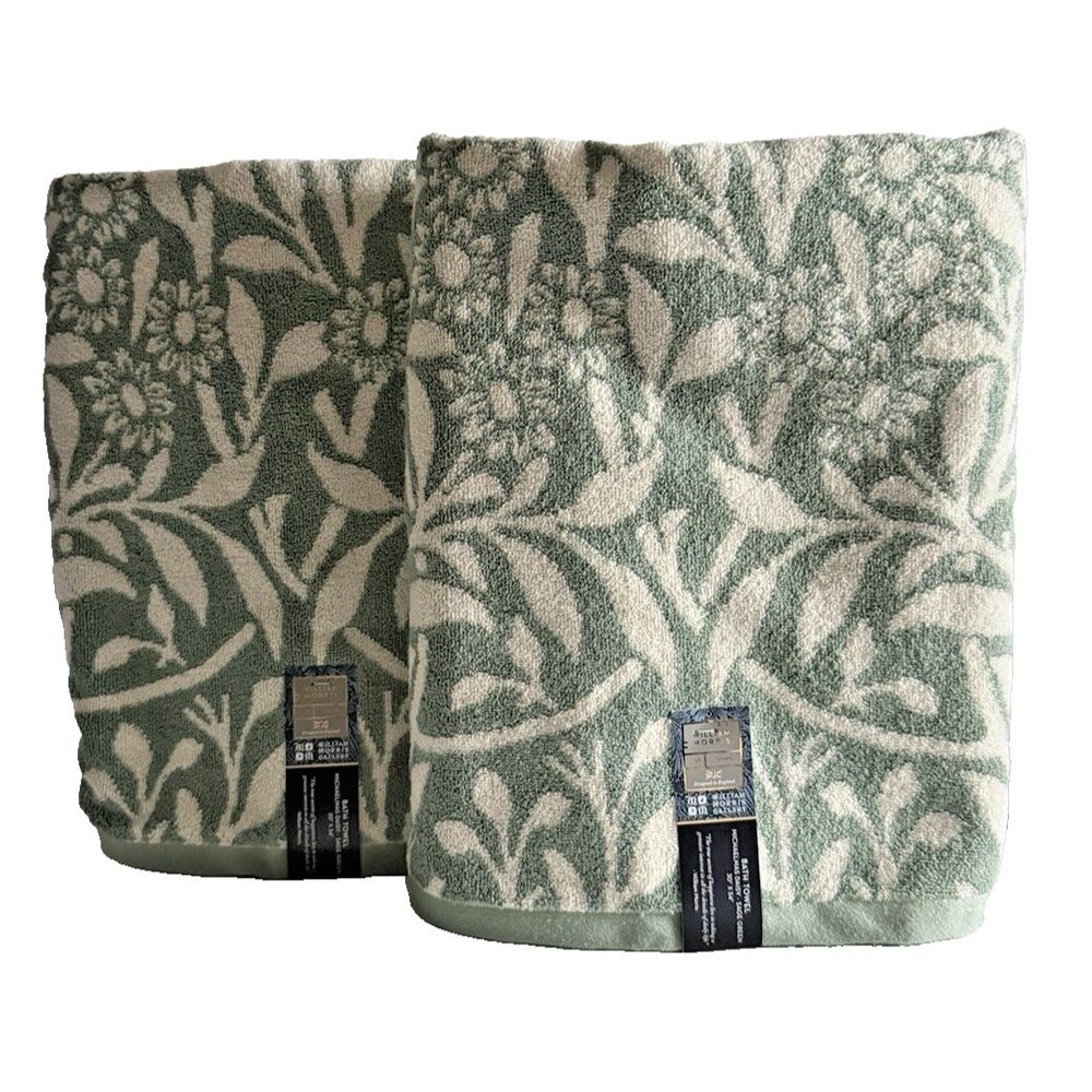 William Morris Michaelmas Daisy Sage Green Bath Towel Set of 2 English Garden